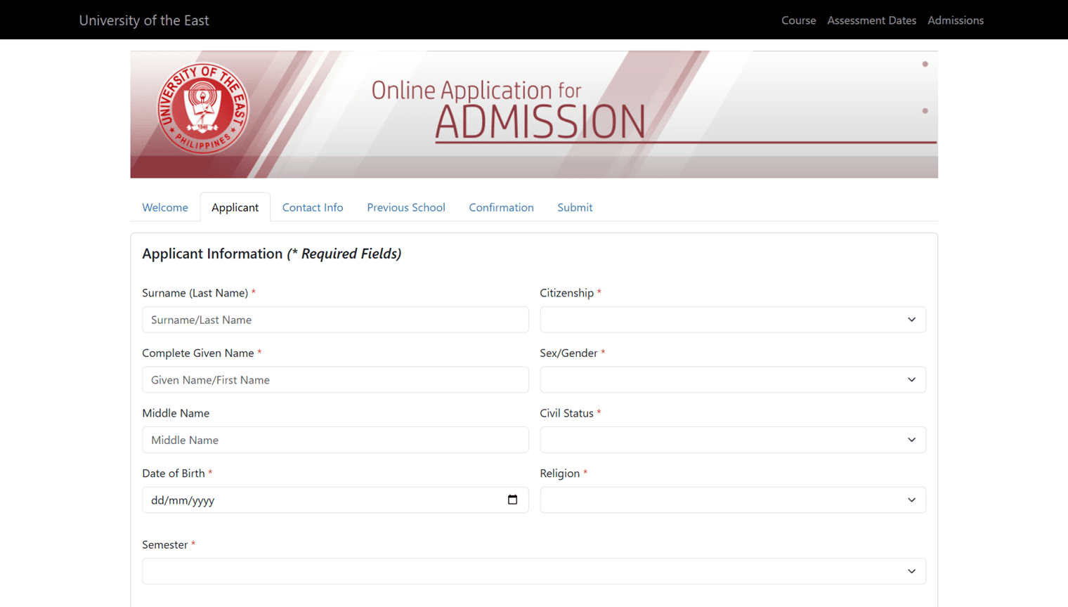 UE Admission Portal screenshot